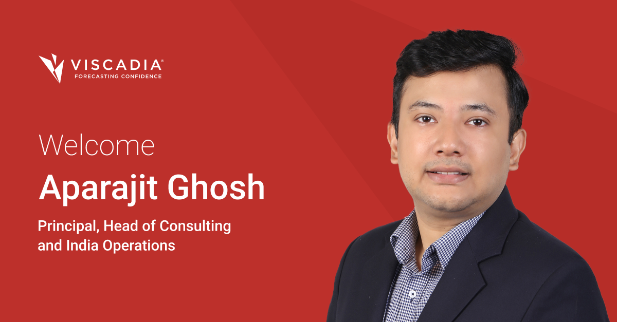 A man in a suit is pictured next to text welcoming Aparajit Ghosh as Principal, Head of Consulting and India Operations at Viscadia.