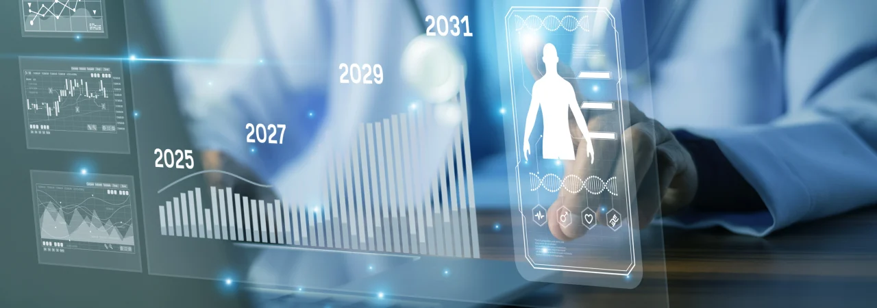 A person in a lab coat interacts with virtual data charts and medical graphics, showing projected statistics and a digital human figure from 2025 to 2031.