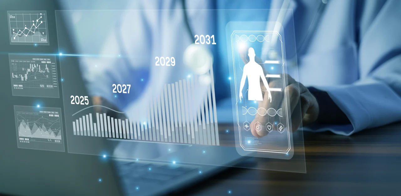 A person in a lab coat interacts with virtual data charts and medical graphics, showing projected statistics and a digital human figure from 2025 to 2031.