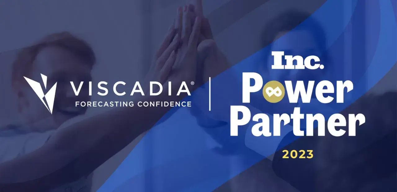 Viscadia logo with the text "Forecasting Confidence" next to "Inc. Power Partner 2023" on a blue background with people giving a high five.