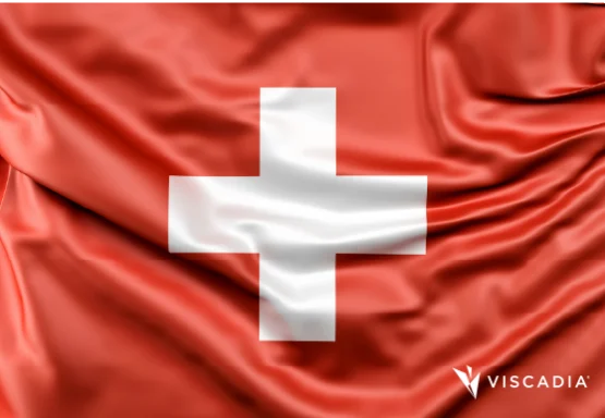 A red flag with a white cross in the center, symbolizing Switzerland; the Viscadia logo appears in the bottom right corner.