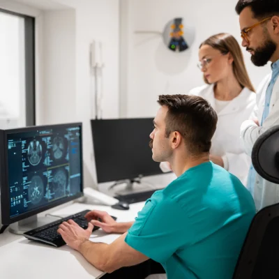Three medical professionals review brain scan images on a computer monitor in a clinical setting.