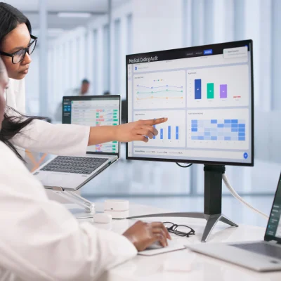 Two professionals in lab coats review data visualizations and charts on a computer monitor in an office setting, with laptops and documents on the desk.