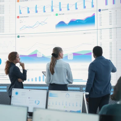Three professionals stand in front of large digital screens displaying various charts and graphs, analyzing data in a modern office environment.