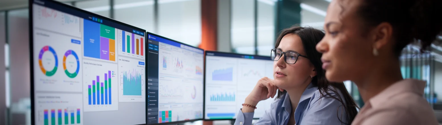 Two people sit at desks analyzing data and charts displayed on large computer monitors in a modern office setting.