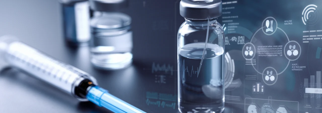 A close-up of a syringe and multiple vials of clear liquid, with digital medical data graphics displayed in the background.