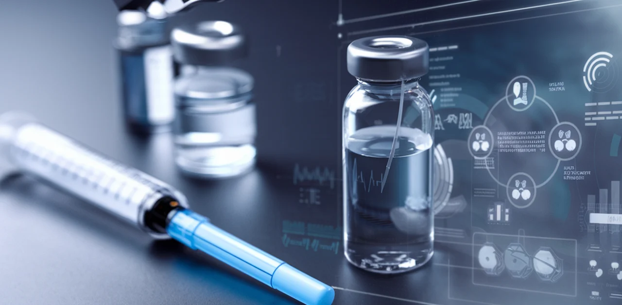 A close-up of a syringe and multiple vials of clear liquid, with digital medical data graphics displayed in the background.