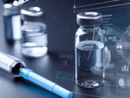 A close-up of a syringe and multiple vials of clear liquid, with digital medical data graphics displayed in the background.