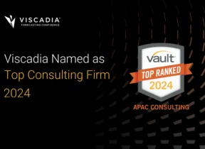 A graphic announces Viscadia as a top consulting firm for 2024, featuring the Vault Top Ranked 2024 APAC Consulting badge on a dark background.