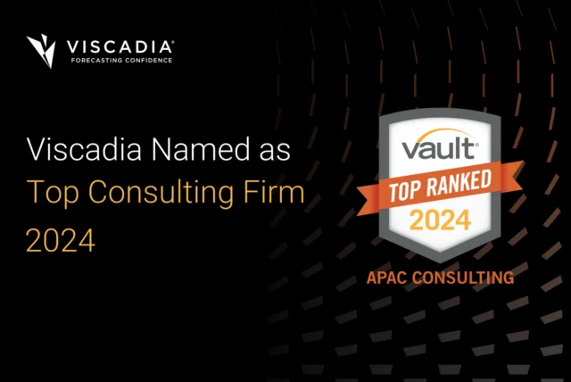 A graphic announces Viscadia as a top consulting firm for 2024, featuring the Vault Top Ranked 2024 APAC Consulting badge on a dark background.